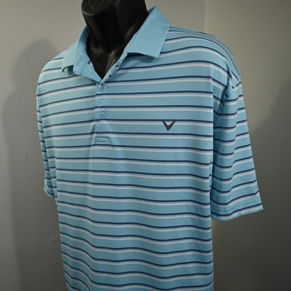 Callaway Polo Shirt Mens XXL Blue Striped Short Sleeve Opti-Dri Golf Shirt